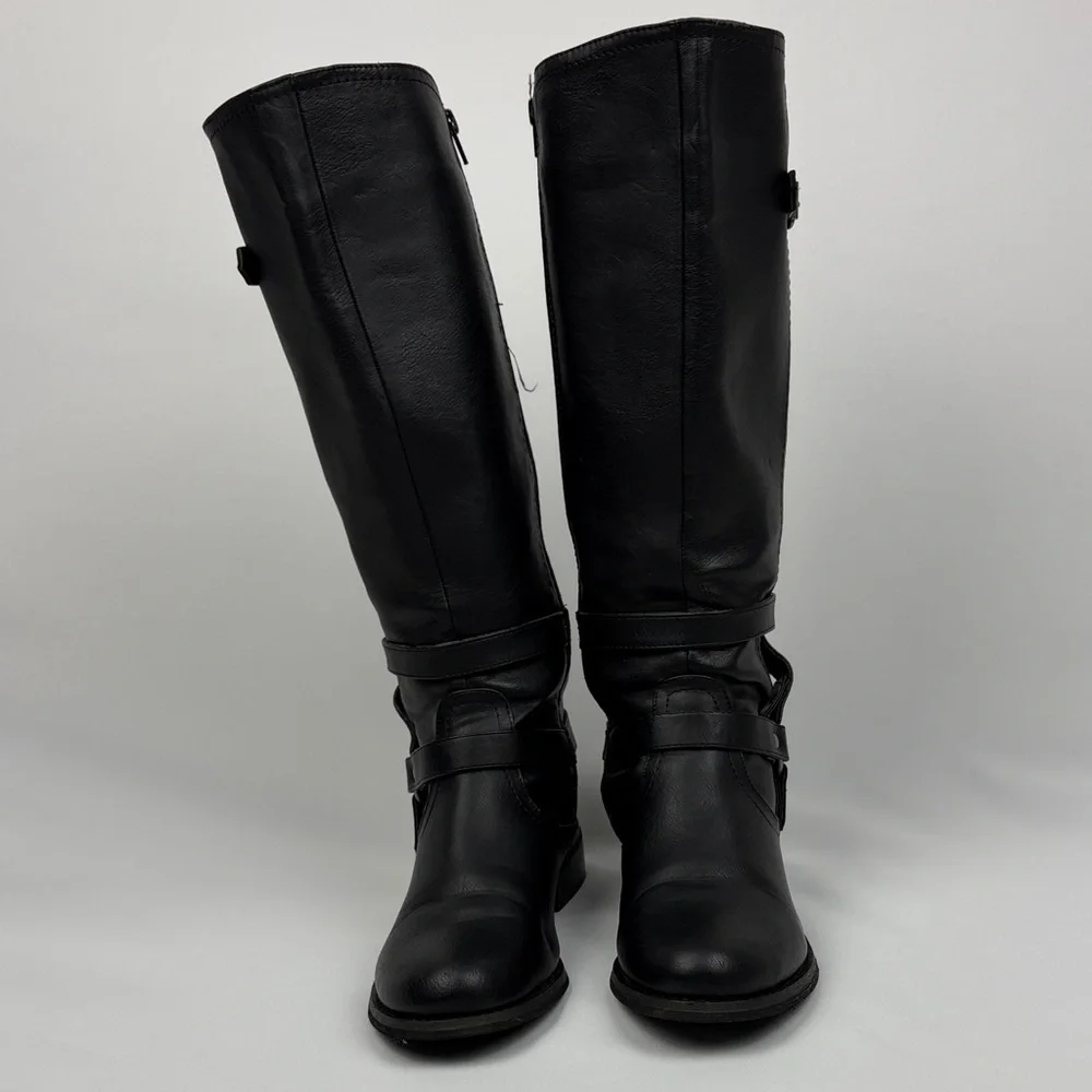 G by Guess Hyderi Black Knee High Riding Boots Buckle Harness Size 9
